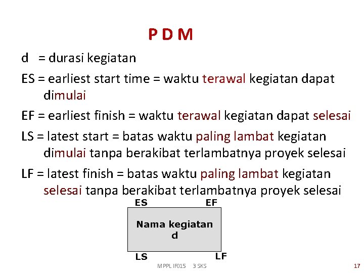 PDM d = durasi kegiatan ES = earliest start time = waktu terawal kegiatan