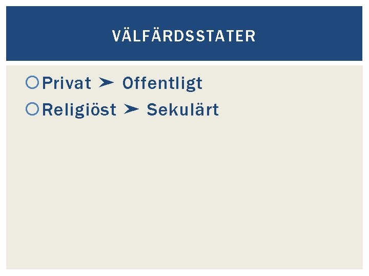 VÄLFÄRDSSTATER Privat ➤ Offentligt Religiöst ➤ Sekulärt 