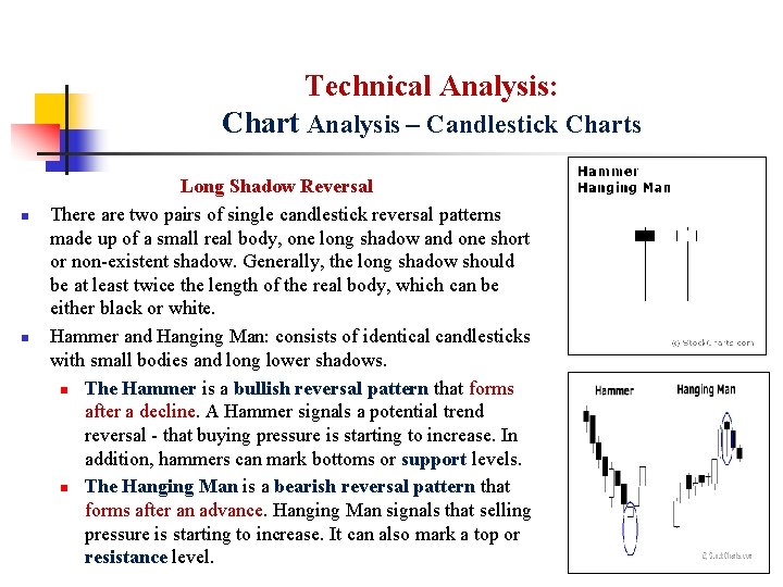 Technical Analysis: Chart Analysis – Candlestick Charts n n Long Shadow Reversal There are