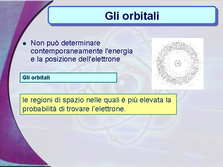 Gli orbitali l Non può determinare contemporaneamente l'energia e la posizione dell'elettrone Gli orbitali