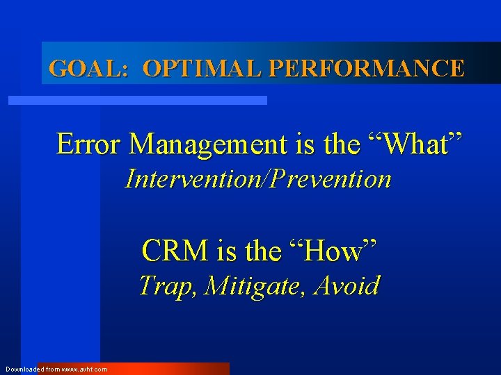 GOAL: OPTIMAL PERFORMANCE Error Management is the “What” Intervention/Prevention CRM is the “How” Trap,