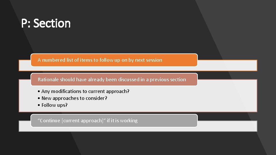 P: Section A numbered list of items to follow up on by next session