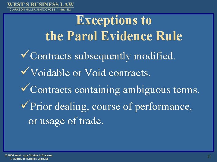 Exceptions to the Parol Evidence Rule üContracts subsequently modified. üVoidable or Void contracts. üContracts
