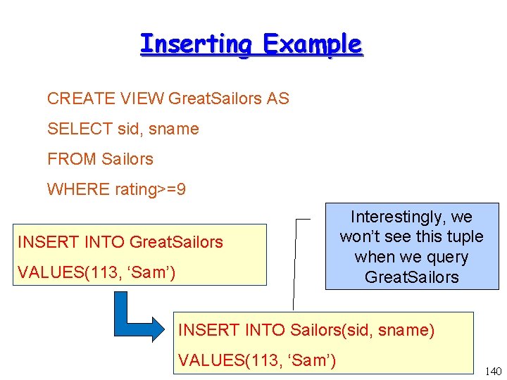 Inserting Example CREATE VIEW Great. Sailors AS SELECT sid, sname FROM Sailors WHERE rating>=9