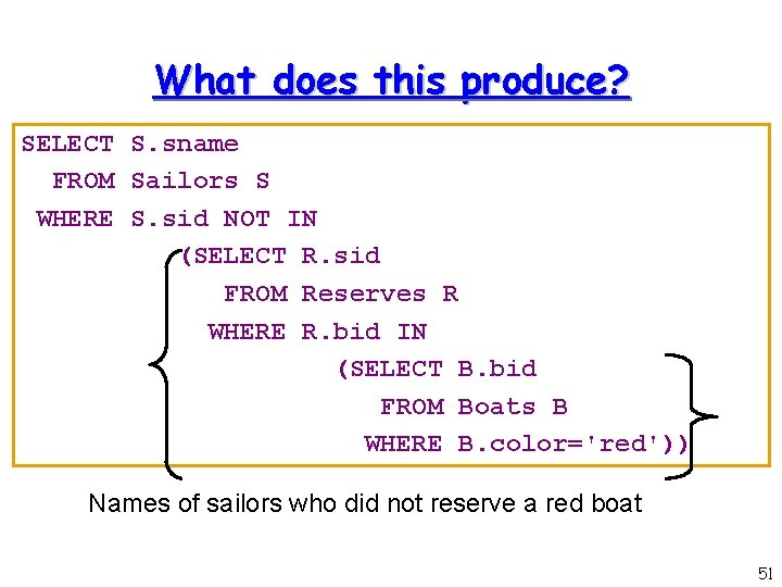What does this produce? SELECT S. sname FROM Sailors S WHERE S. sid NOT