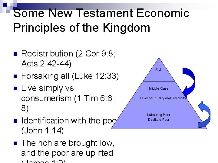 Some New Testament Economic Principles of the Kingdom n n n Redistribution (2 Cor