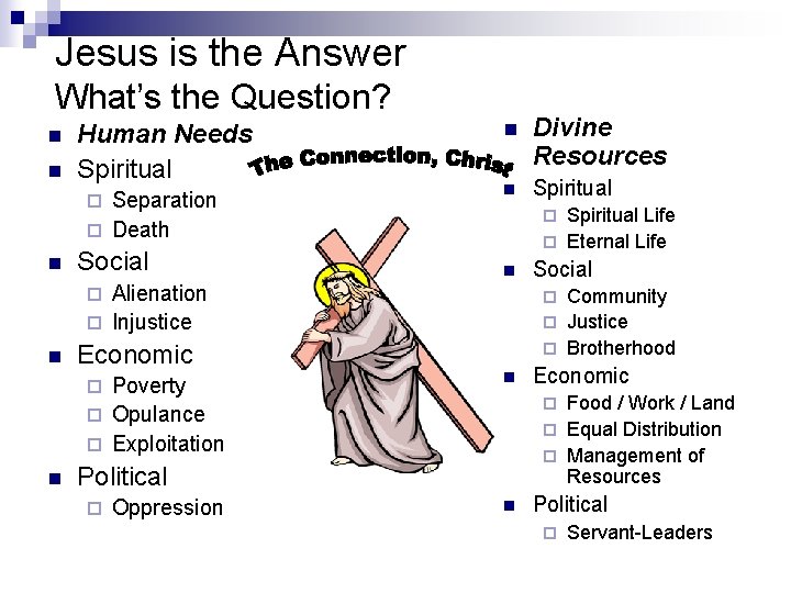 Jesus is the Answer What’s the Question? n n Human Needs Spiritual Separation ¨