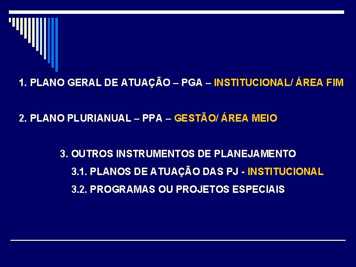1. PLANO GERAL DE ATUAÇÃO – PGA – INSTITUCIONAL/ ÁREA FIM 2. PLANO PLURIANUAL