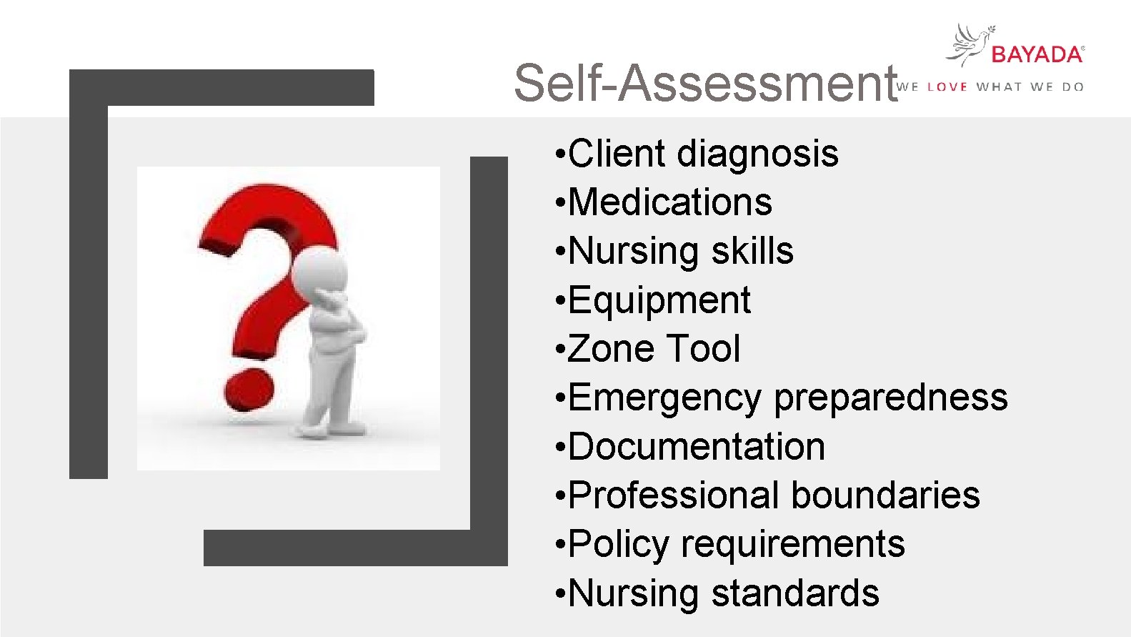 Self-Assessment • Client diagnosis • Medications • Nursing skills • Equipment • Zone Tool