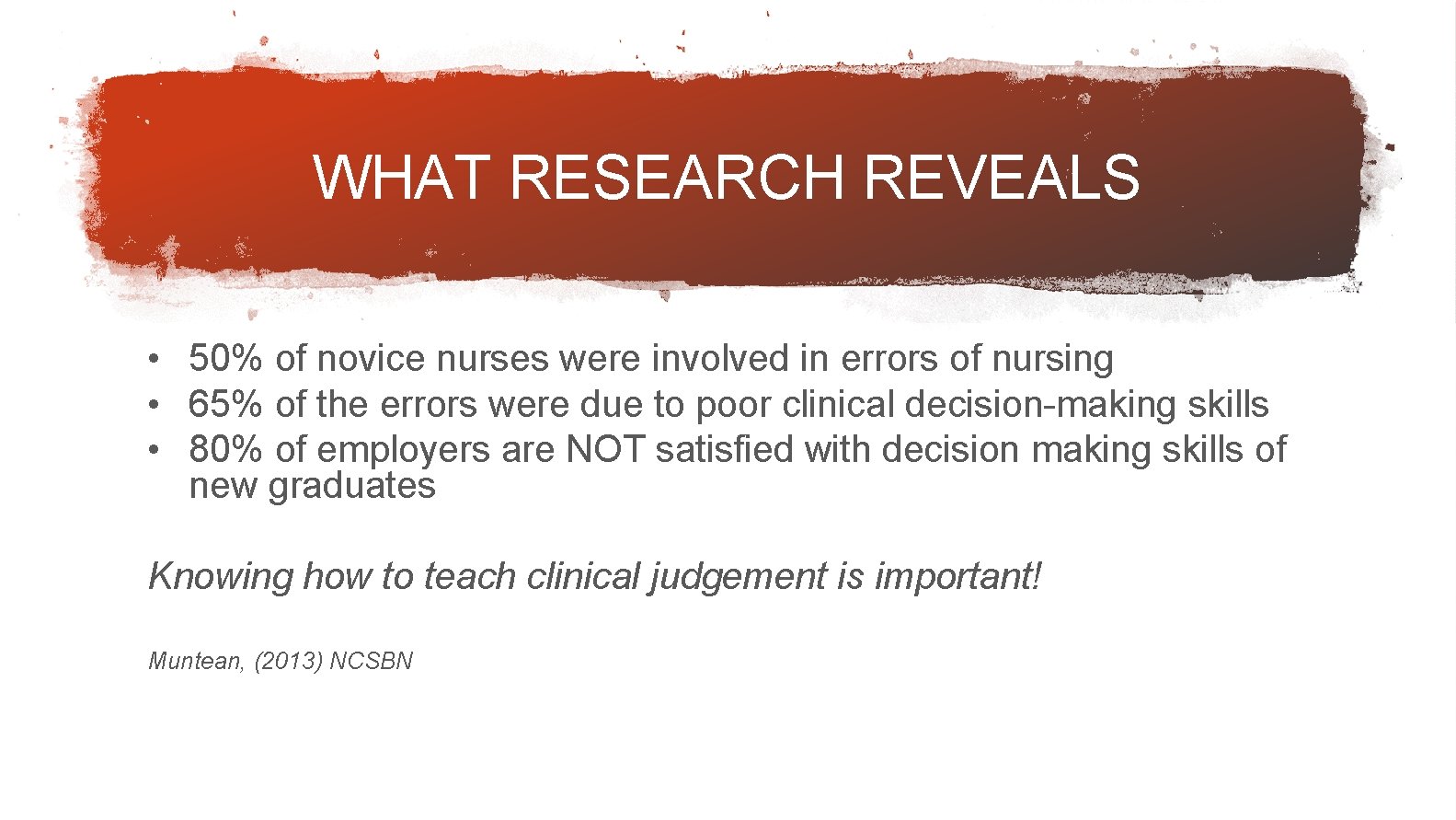 WHAT RESEARCH REVEALS • 50% of novice nurses were involved in errors of nursing