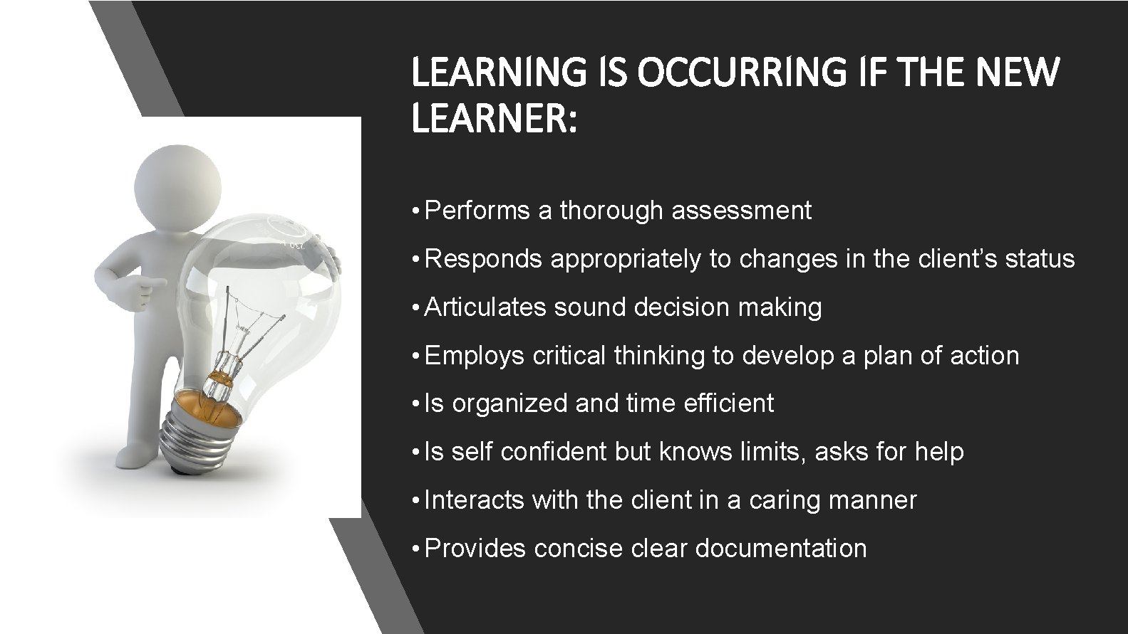 LEARNING IS OCCURRING IF THE NEW LEARNER: • Performs a thorough assessment • Responds