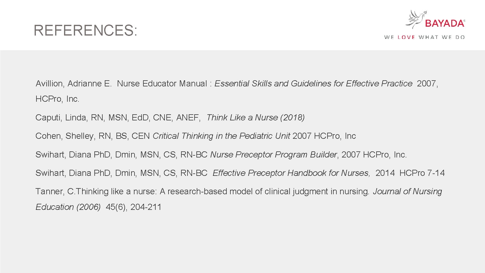 REFERENCES: Avillion, Adrianne E. Nurse Educator Manual : Essential Skills and Guidelines for Effective