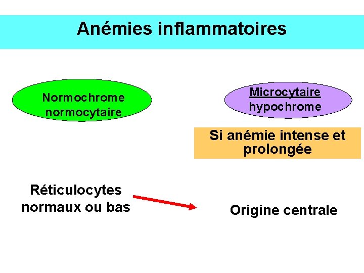 Anémies inflammatoires Normochrome normocytaire Microcytaire hypochrome Si anémie intense et prolongée Réticulocytes normaux ou