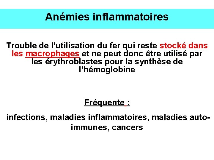 Anémies inflammatoires Trouble de l’utilisation du fer qui reste stocké dans les macrophages et