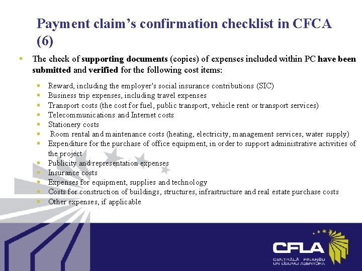 Payment claim’s confirmation checklist in CFCA (6) § The check of supporting documents (copies)