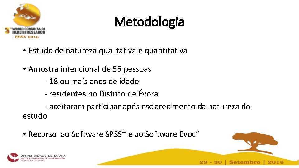 Metodologia • Estudo de natureza qualitativa e quantitativa • Amostra intencional de 55 pessoas