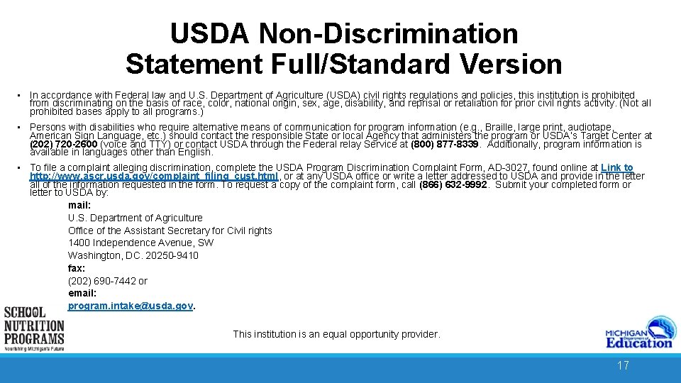 USDA Non-Discrimination Statement Full/Standard Version • In accordance with Federal law and U. S.