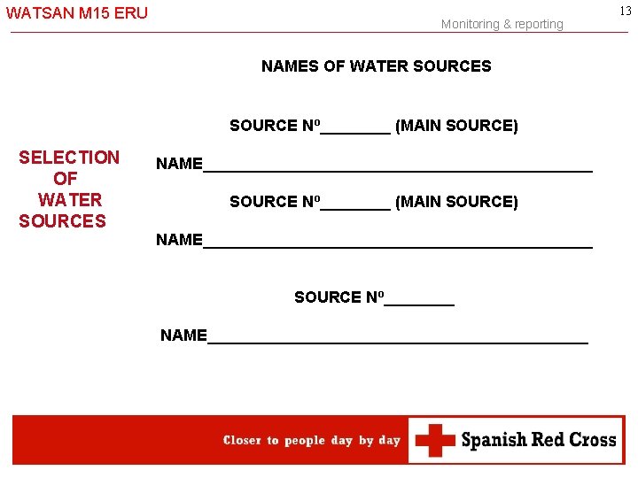 WATSAN M 15 ERU -13 - Monitoring & reporting NAMES OF WATER SOURCES SOURCE