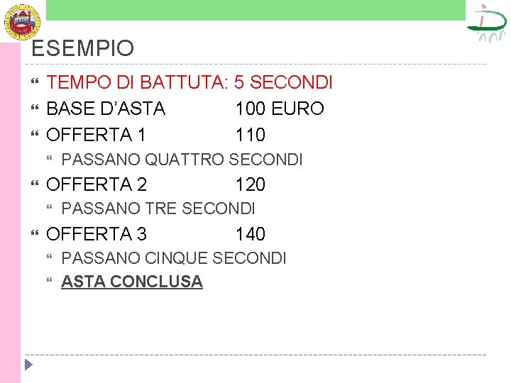 ESEMPIO TEMPO DI BATTUTA: 5 SECONDI BASE D’ASTA 100 EURO OFFERTA 1 110 OFFERTA