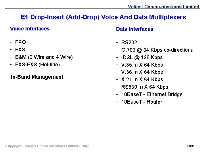 Valiant Communications Limited E 1 Drop-Insert (Add-Drop) Voice And Data Multiplexers Voice Interfaces Data