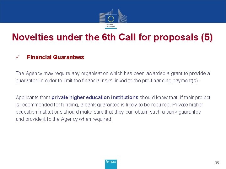 Novelties under the 6 th Call for proposals (5) ü Financial Guarantees The Agency