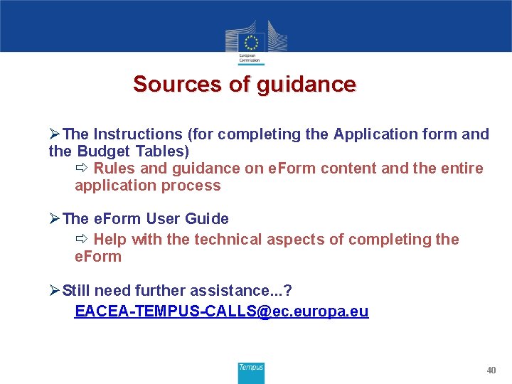 Sources of guidance ØThe Instructions (for completing the Application form and the Budget Tables)