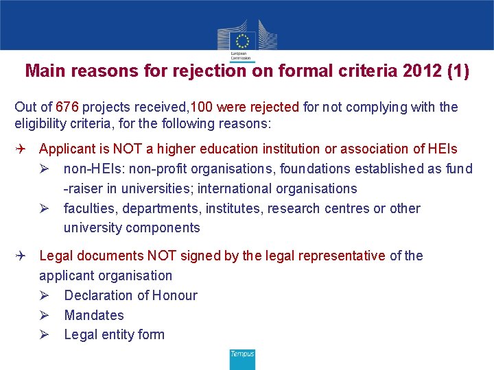 Main reasons for rejection on formal criteria 2012 (1) Out of 676 projects received,