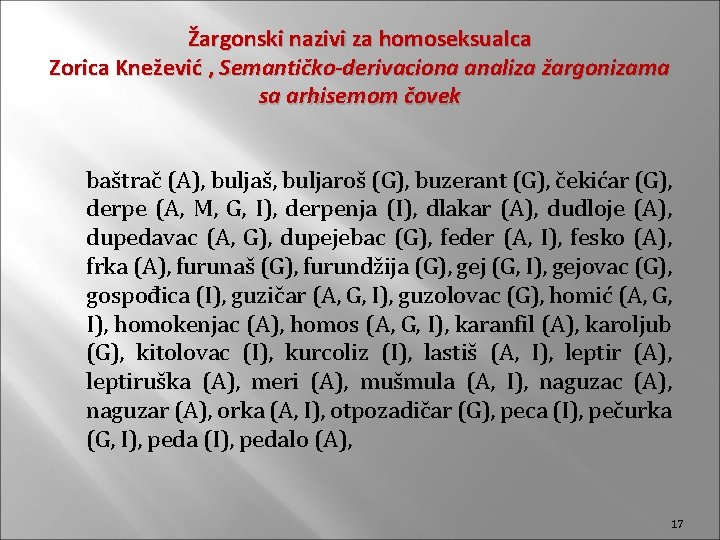 Žargonski nazivi za homoseksualca Zorica Knežević , Semantičko-derivaciona analiza žargonizama sa arhisemom čovek baštrač