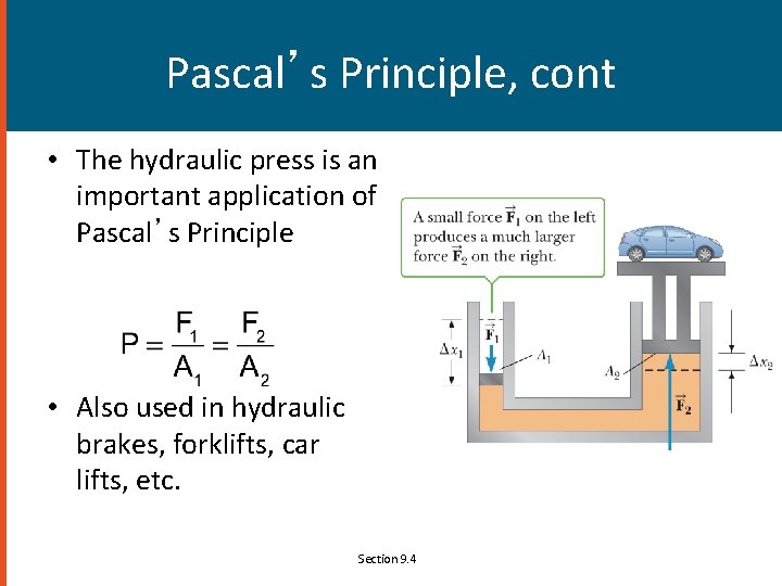 Pascal’s Principle, cont • The hydraulic press is an important application of Pascal’s Principle