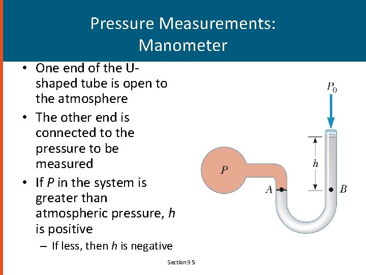 Pressure Measurements: Manometer • One end of the Ushaped tube is open to the