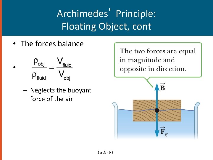 Archimedes’ Principle: Floating Object, cont • The forces balance • – Neglects the buoyant