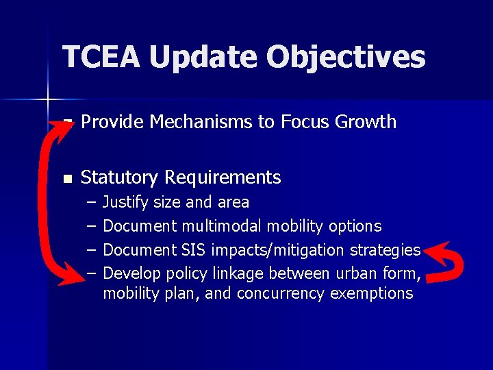 TCEA Update Objectives n Provide Mechanisms to Focus Growth n Statutory Requirements – –