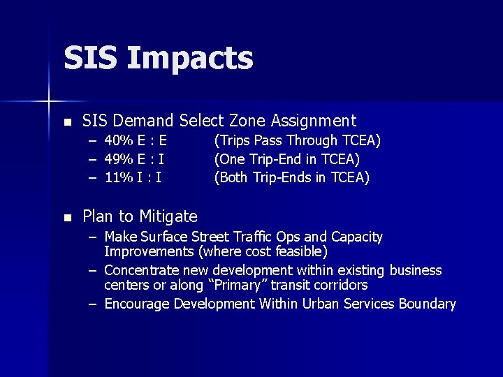 SIS Impacts n SIS Demand Select Zone Assignment – 40% E : E –