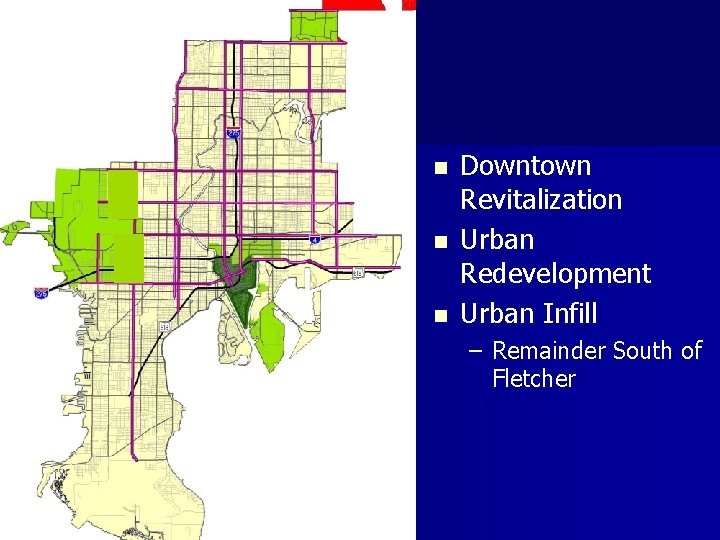 n n n Downtown Revitalization Urban Redevelopment Urban Infill – Remainder South of Fletcher