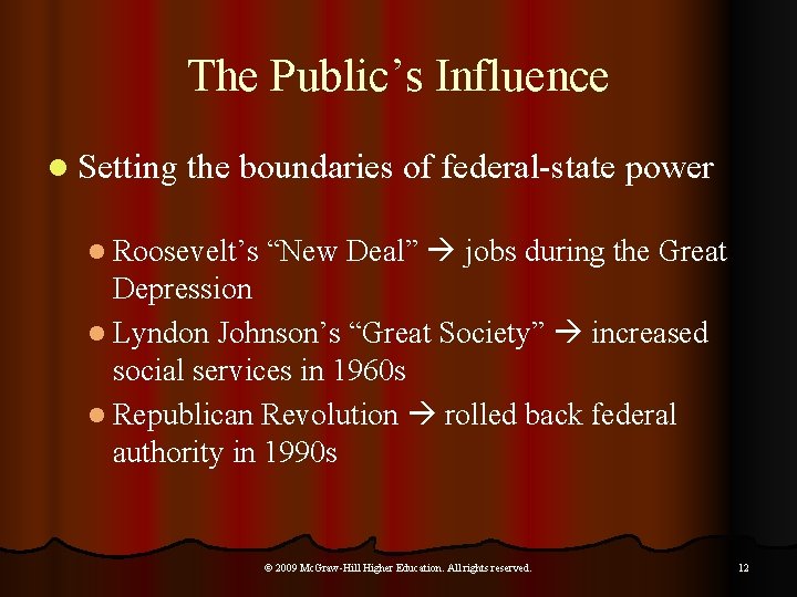 The Public’s Influence l Setting the boundaries of federal-state power l Roosevelt’s “New Deal”
