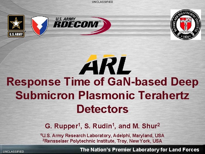 UNCLASSIFIED Response Time of Ga. N-based Deep Submicron Plasmonic Terahertz Detectors G. Rupper 1,