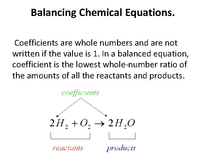 Balancing Chemical Equations. Coefficients are whole numbers and are not written if the value