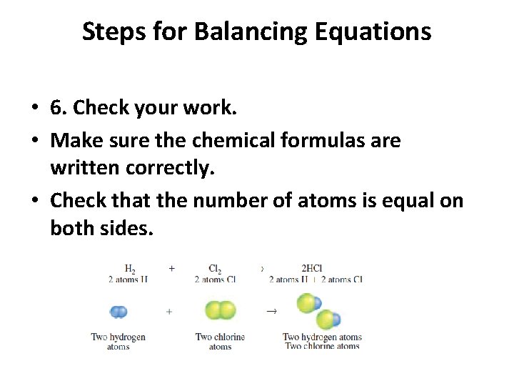 Steps for Balancing Equations • 6. Check your work. • Make sure the chemical