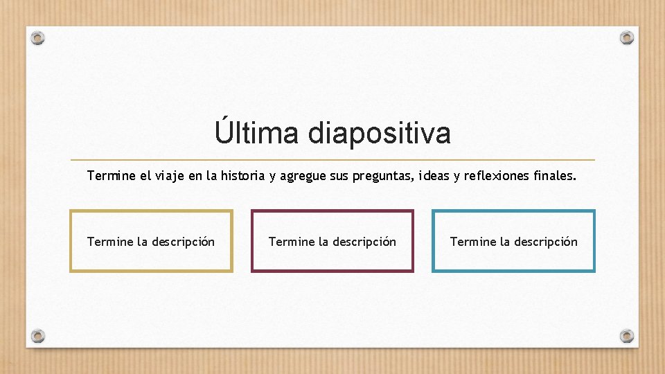 Última diapositiva Termine el viaje en la historia y agregue sus preguntas, ideas y
