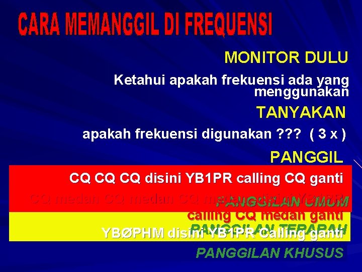 MONITOR DULU Ketahui apakah frekuensi ada yang menggunakan TANYAKAN apakah frekuensi digunakan ? ?