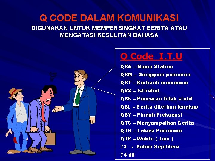 Q CODE DALAM KOMUNIKASI DIGUNAKAN UNTUK MEMPERSINGKAT BERITA ATAU MENGATASI KESULITAN BAHASA Q Code Q CODE DALAM KOMUNIKASI DIGUNAKAN UNTUK MEMPERSINGKAT BERITA ATAU MENGATASI KESULITAN BAHASA Q Code