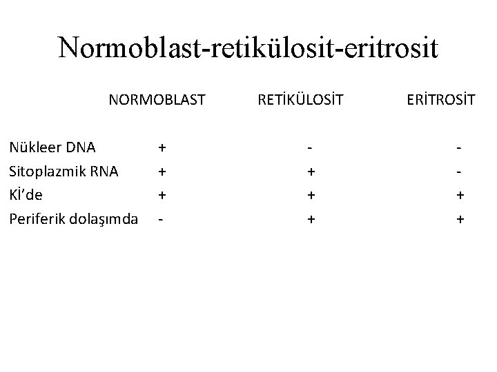 Normoblast-retikülosit-eritrosit NORMOBLAST Nükleer DNA Sitoplazmik RNA Kİ’de Periferik dolaşımda + + + - RETİKÜLOSİT