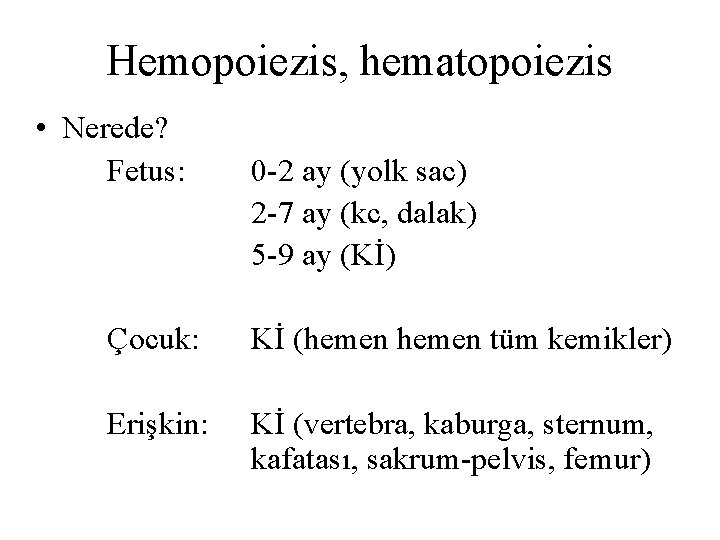 Hemopoiezis, hematopoiezis • Nerede? Fetus: 0 -2 ay (yolk sac) 2 -7 ay (kc,