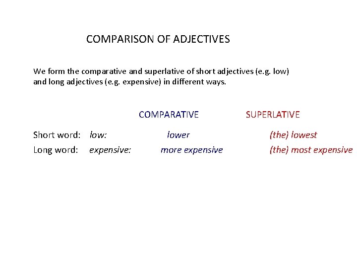 COMPARISON OF ADJECTIVES We form the comparative and superlative of short adjectives (e. g.