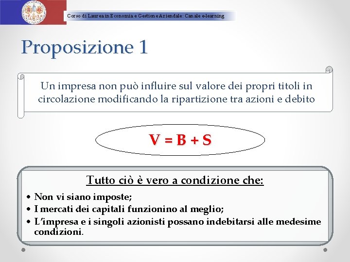 Corso di Laurea in Economia e Gestione Aziendale: Canale e-learning Proposizione 1 Un impresa