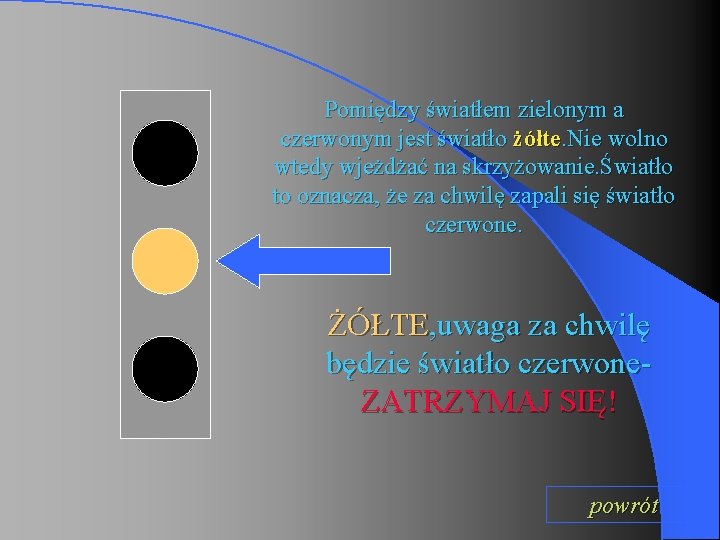 Pomiędzy światłem zielonym a czerwonym jest światło żółte. Nie wolno wtedy wjeżdżać na skrzyżowanie.