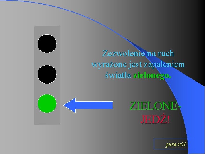 Zezwolenie na ruch wyrażone jest zapaleniem światła zielonego. ZIELONEJEDŹ! powrót 