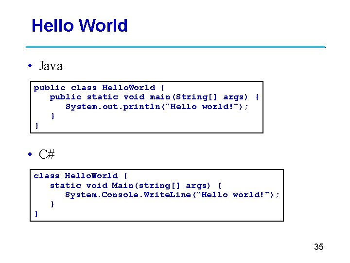 Hello World • Java public class Hello. World { public static void main(String[] args)