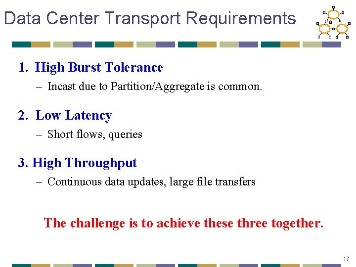 Data Center Transport Requirements 1. High Burst Tolerance – Incast due to Partition/Aggregate is