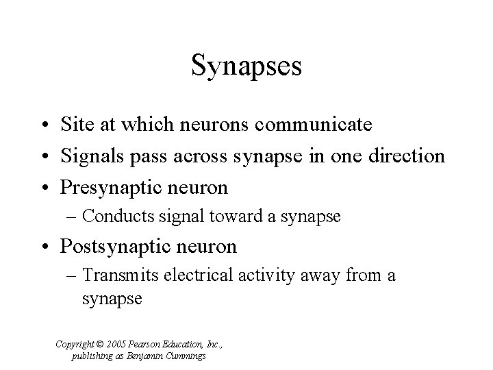 Synapses • Site at which neurons communicate • Signals pass across synapse in one